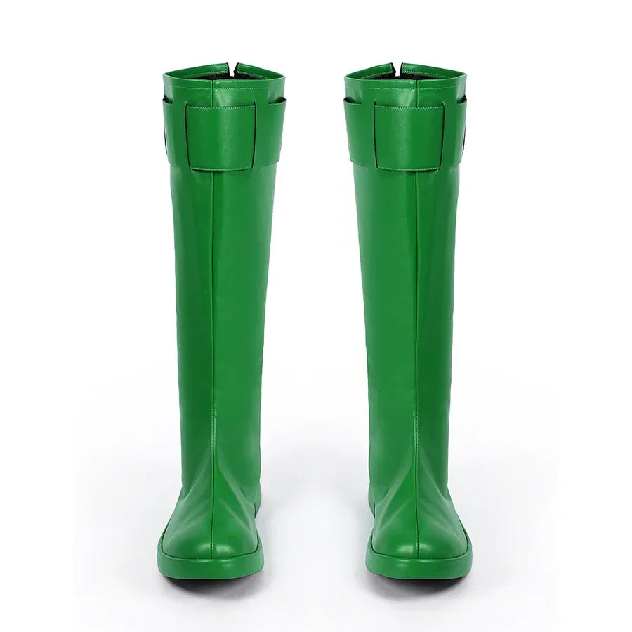 COSFUN Green Lantern Guy Gardner cosplay boots front view shows tall green shafts and rounded toe caps