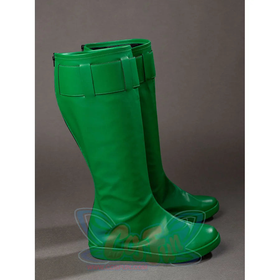 Green Lantern Guy Gardner cosplay boots side profile sets the green shaft over a rounded toe and flat sole.