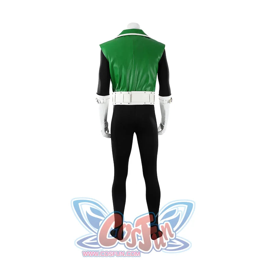 Green Lantern Guy Gardner cosplay costume back view highlights the green vest and white belt line