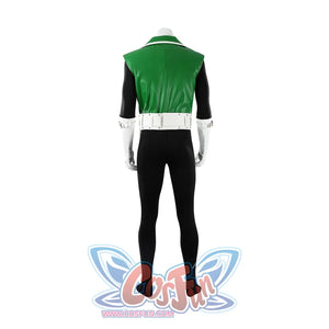 Green Lantern Guy Gardner cosplay costume back view highlights the green vest and white belt line