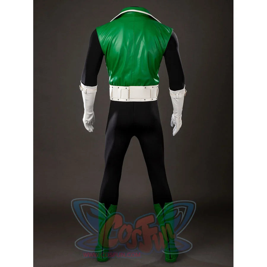 Green Lantern Guy Gardner cosplay costume back view frames the green vest jacket, white belt, and black suit.