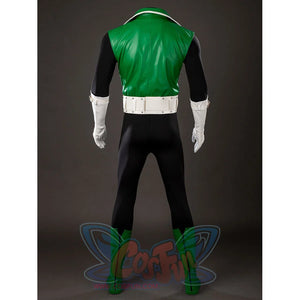 Green Lantern Guy Gardner cosplay costume back view frames the green vest jacket, white belt, and black suit.