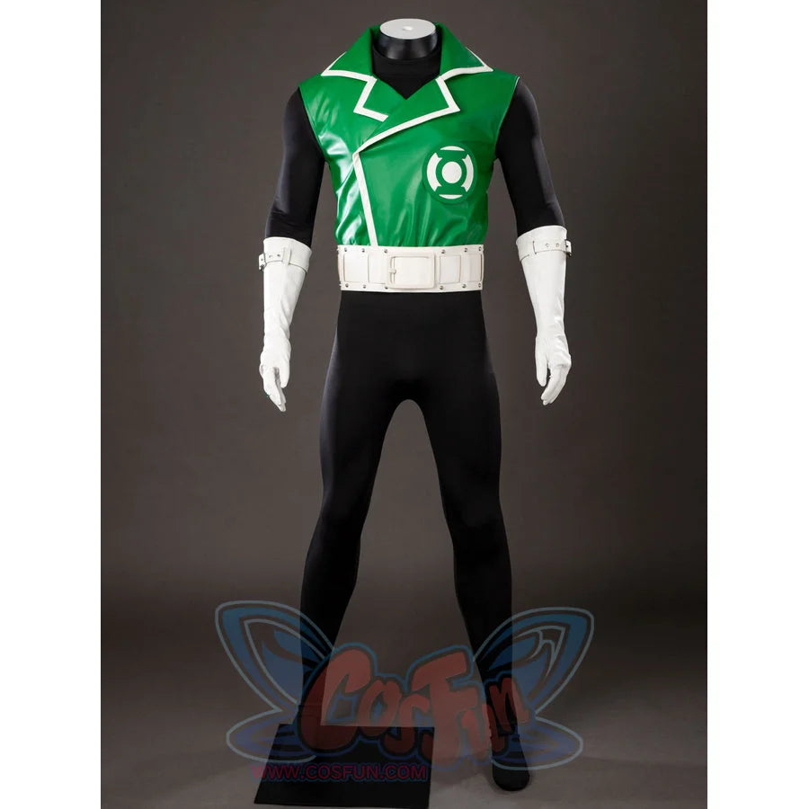 Green Lantern Guy Gardner cosplay costume centers the green jacket, black bodysuit, white gloves, and belt.