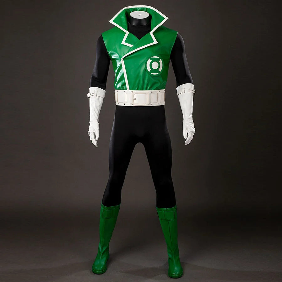 COSFUN Green Lantern Guy Gardner cosplay costume layers a green vest jacket over a black bodysuit and white belt.