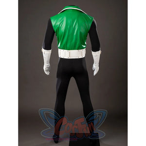 Green Lantern Guy Gardner cosplay vest jacket back view drops green faux leather above the white belt.