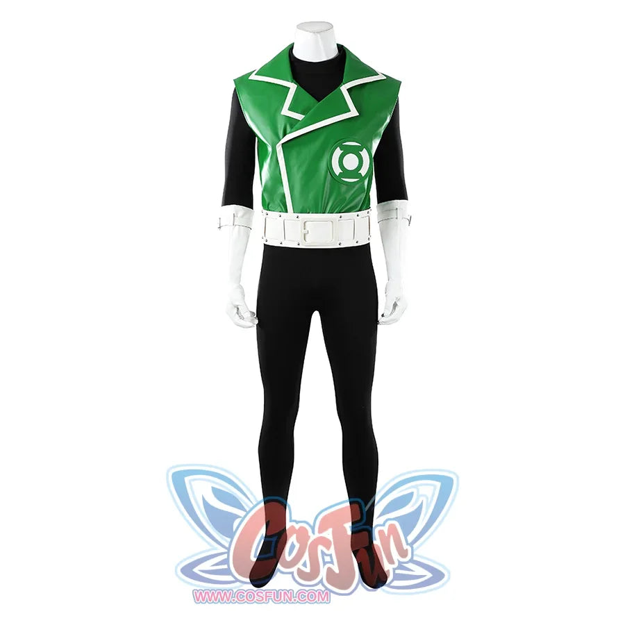 Green Lantern Guy Gardner cosplay costume front view centers the logo vest and white belt over black fabric