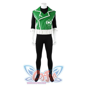 Green Lantern Guy Gardner cosplay costume front view centers the logo vest and white belt over black fabric