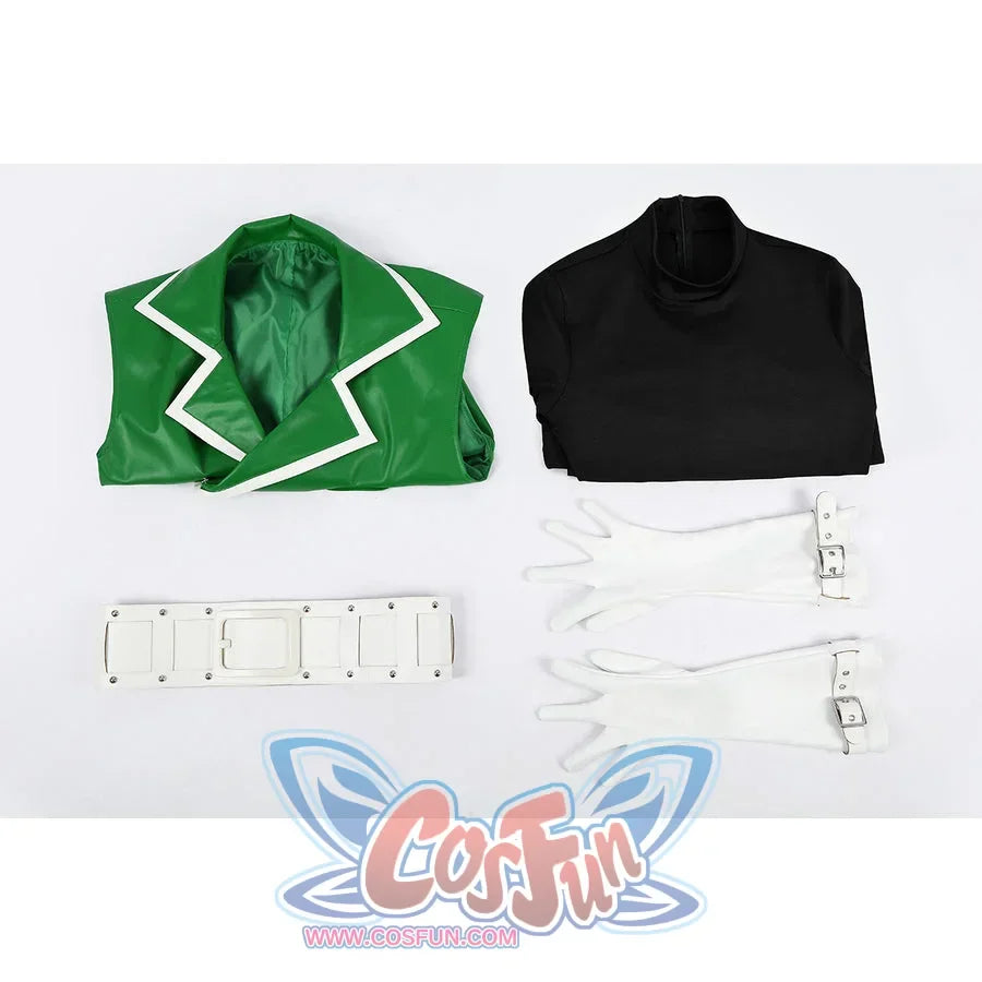 Green Lantern Guy Gardner cosplay costume flat lay arranges the green vest beside bodysuit pieces, white belt and ring
