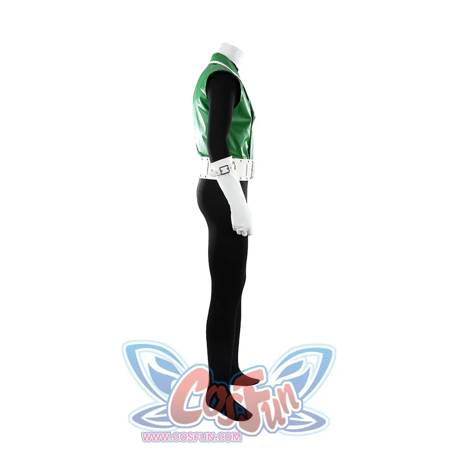 Green Lantern Guy Gardner cosplay costume side profile layers the green vest over a black bodysuit