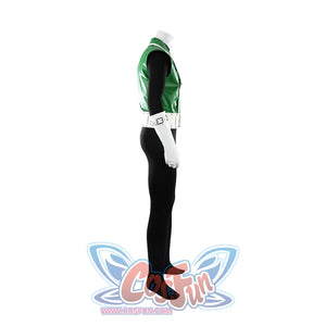 Green Lantern Guy Gardner cosplay costume side profile layers the green vest over a black bodysuit