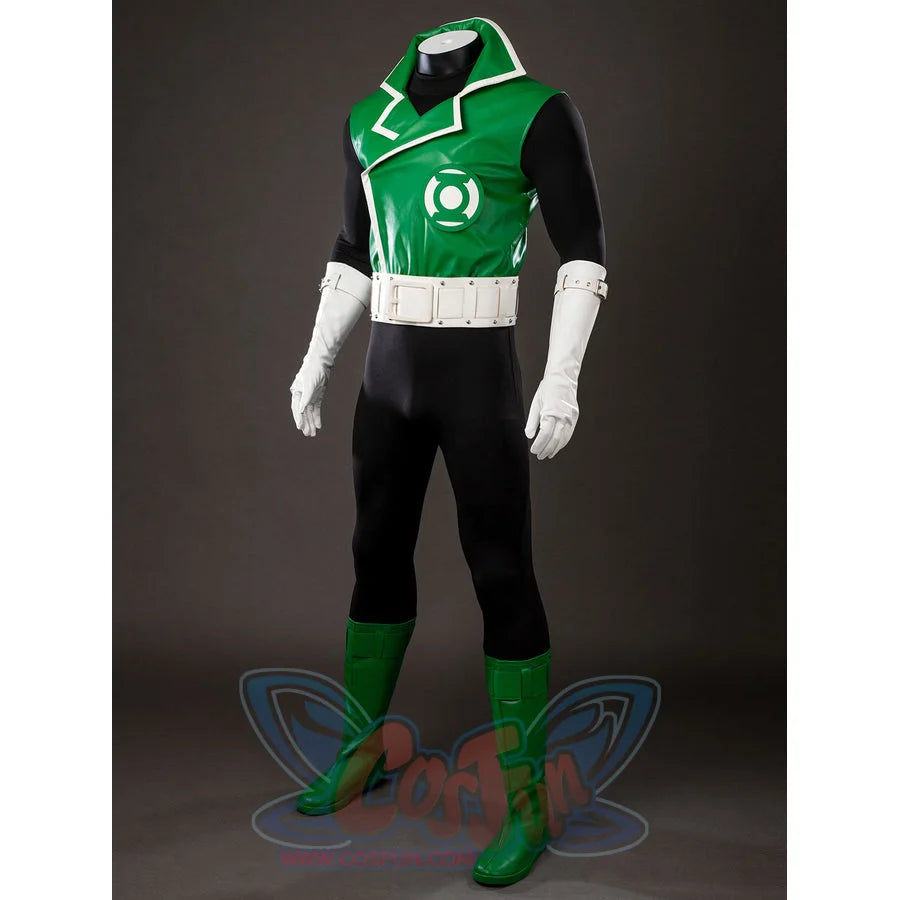 Green Lantern Guy Gardner cosplay costume side view sets the green vest jacket above the black bodysuit.