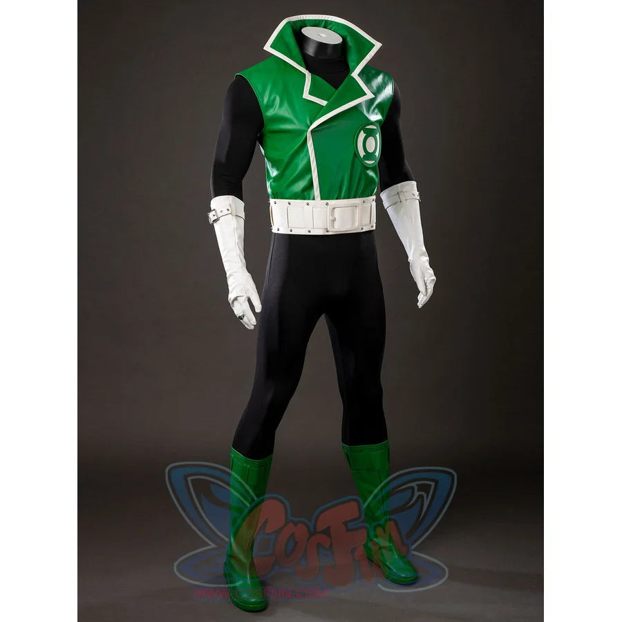 Green Lantern Guy Gardner cosplay costume angles the green vest jacket across a black bodysuit and white gloves.