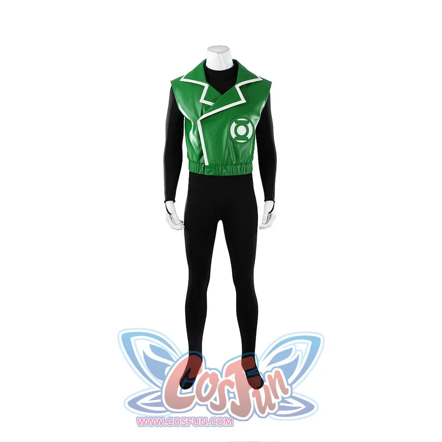 Green Lantern Guy Gardner cosplay costume front view shows white trim framing the green vest logo