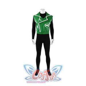 Green Lantern Guy Gardner cosplay costume front view shows white trim framing the green vest logo