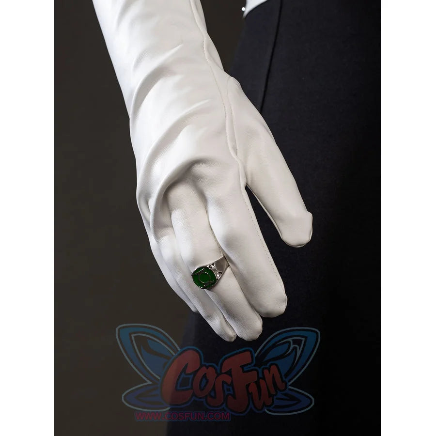 Green Lantern Guy Gardner cosplay glove detail anchors a green ring over smooth white fingers.