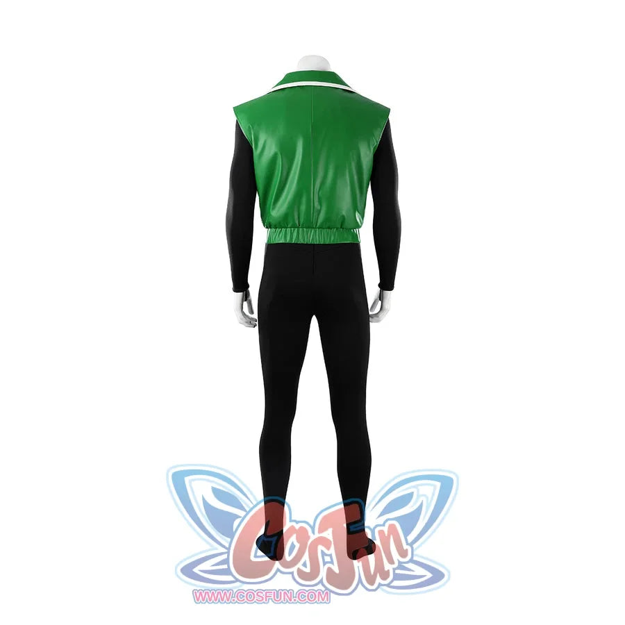 Green Lantern Guy Gardner cosplay costume back view shows the plain green vest over black sleeves