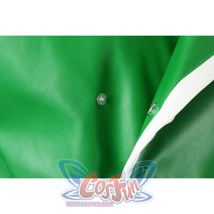 Green Lantern Guy Gardner cosplay green vest closure detail shows snaps along white trim
