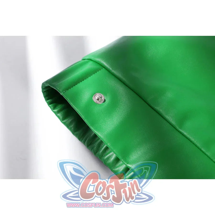 Green Lantern Guy Gardner cosplay green vest cuff detail shows a snap set into glossy fabric