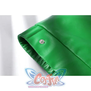 Green Lantern Guy Gardner cosplay green vest cuff detail shows a snap set into glossy fabric