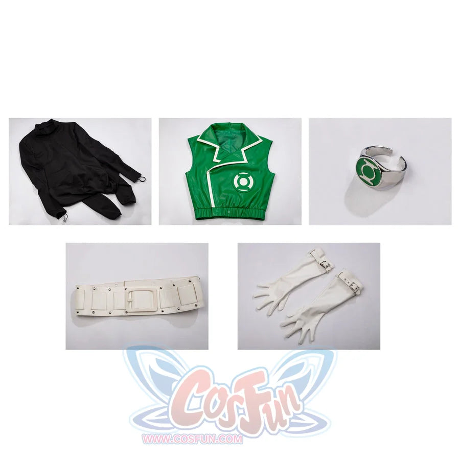 Green Lantern Guy Gardner cosplay costume flat lay arranges the bodysuit, vest jacket, belt, gloves, and ring.