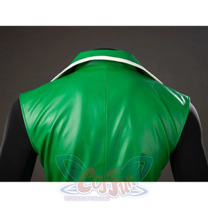 Green Lantern Guy Gardner cosplay vest jacket back detail spreads glossy green panels below the collar.