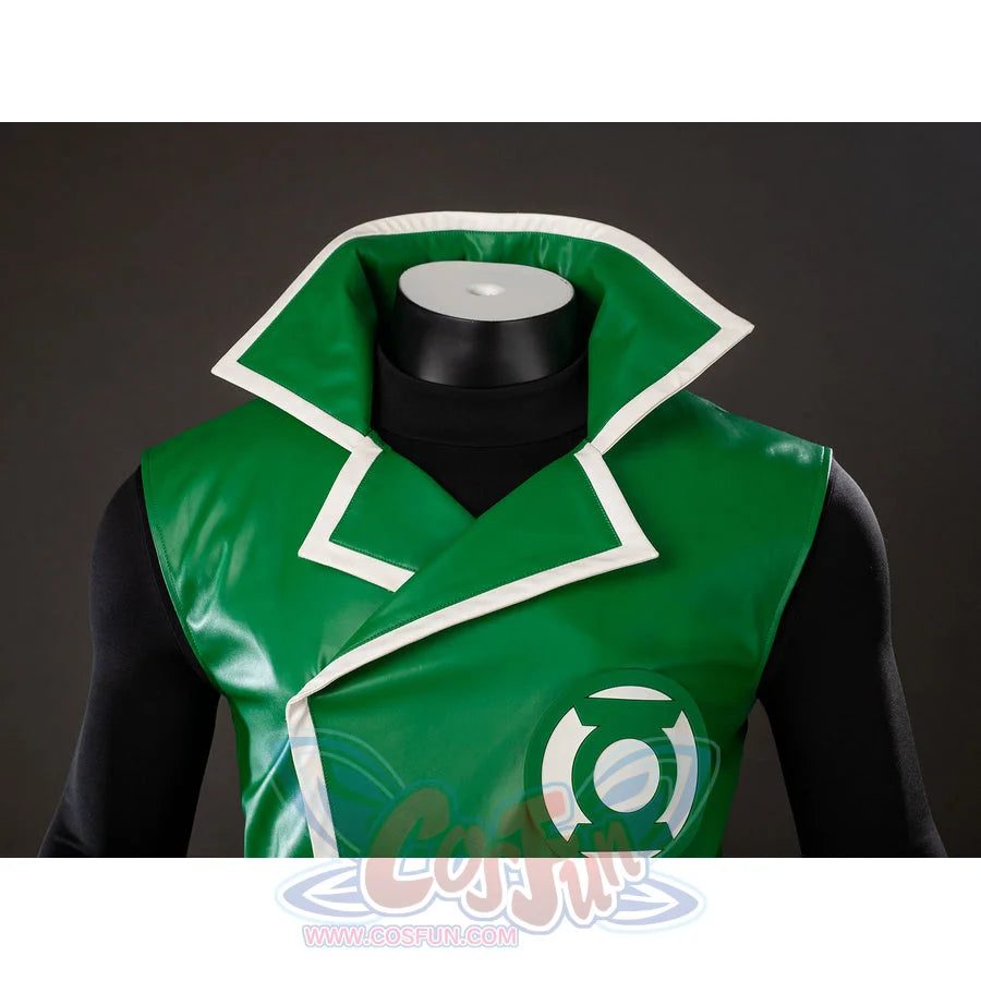Green Lantern Guy Gardner cosplay vest jacket detail frames the high green collar with white trim.
