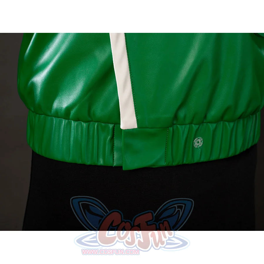 Green Lantern Guy Gardner cosplay vest jacket hem detail gathers green faux leather above black fabric.