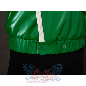 Green Lantern Guy Gardner cosplay vest jacket hem detail gathers green faux leather above black fabric.