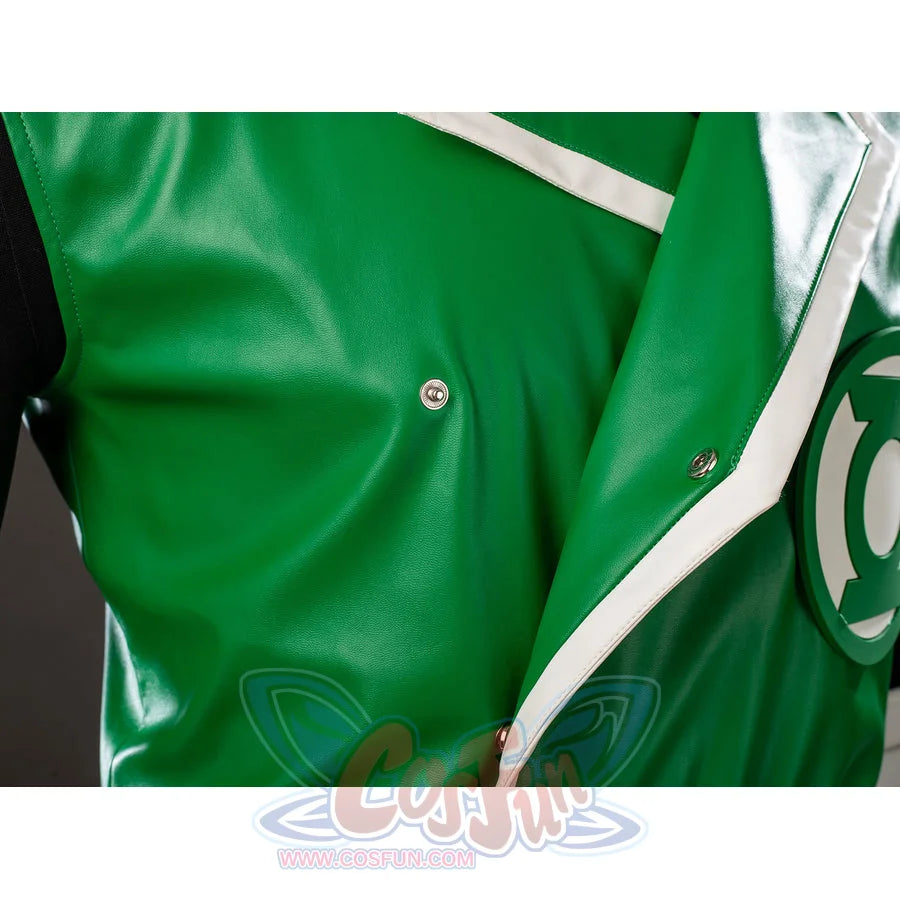 Green Lantern Guy Gardner cosplay vest jacket snap detail tucks a small silver button beside white trim.