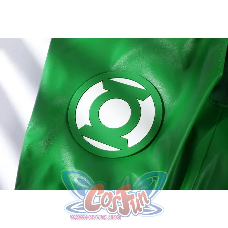 Green Lantern Guy Gardner cosplay vest logo detail shows a white emblem over glossy green fabric