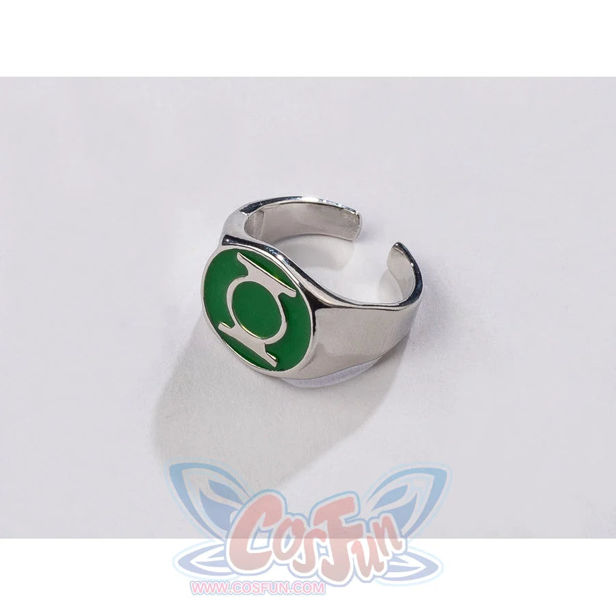 Green Lantern Guy Gardner cosplay ring close-up sets a green lantern emblem into a silver-tone band.