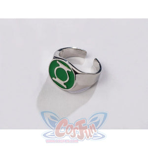 Green Lantern Guy Gardner cosplay ring close-up sets a green lantern emblem into a silver-tone band.