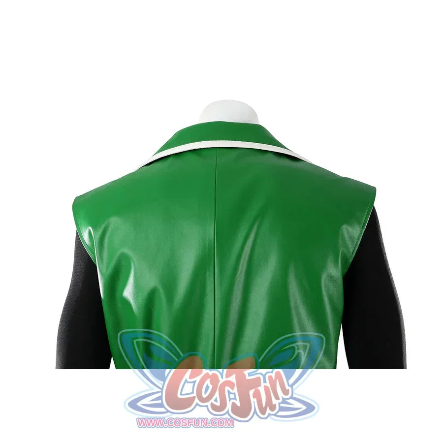 Green Lantern Guy Gardner cosplay vest back detail shows green panels beneath a white collar trim