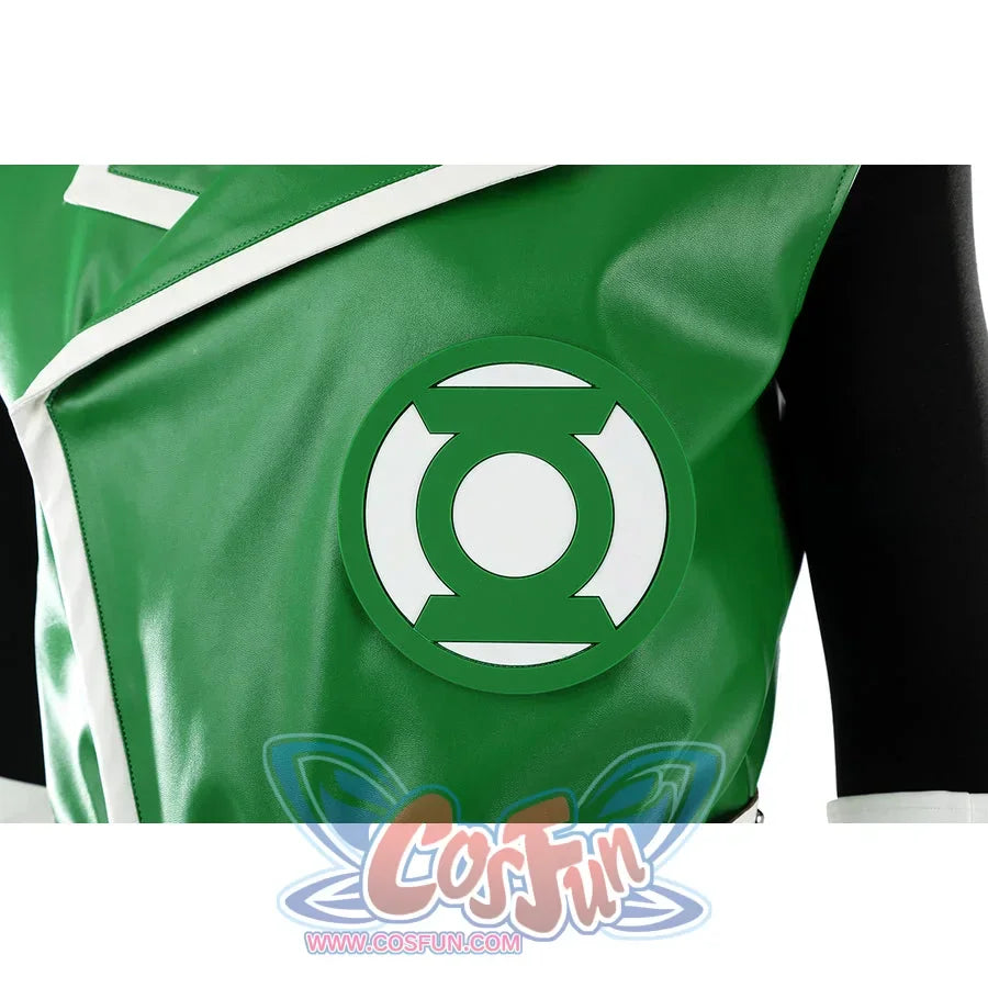 Green Lantern Guy Gardner cosplay vest logo close-up shows the white emblem set on green fabric