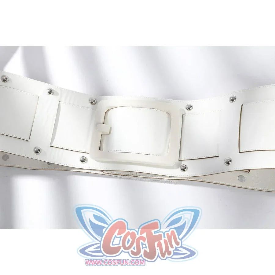Green Lantern Guy Gardner cosplay white belt accessory detail shows studs and stitched panel edges