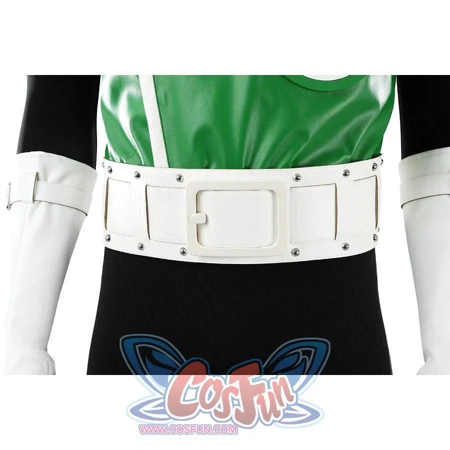 Green Lantern Guy Gardner cosplay white belt front detail shows square panels and silver-tone studs