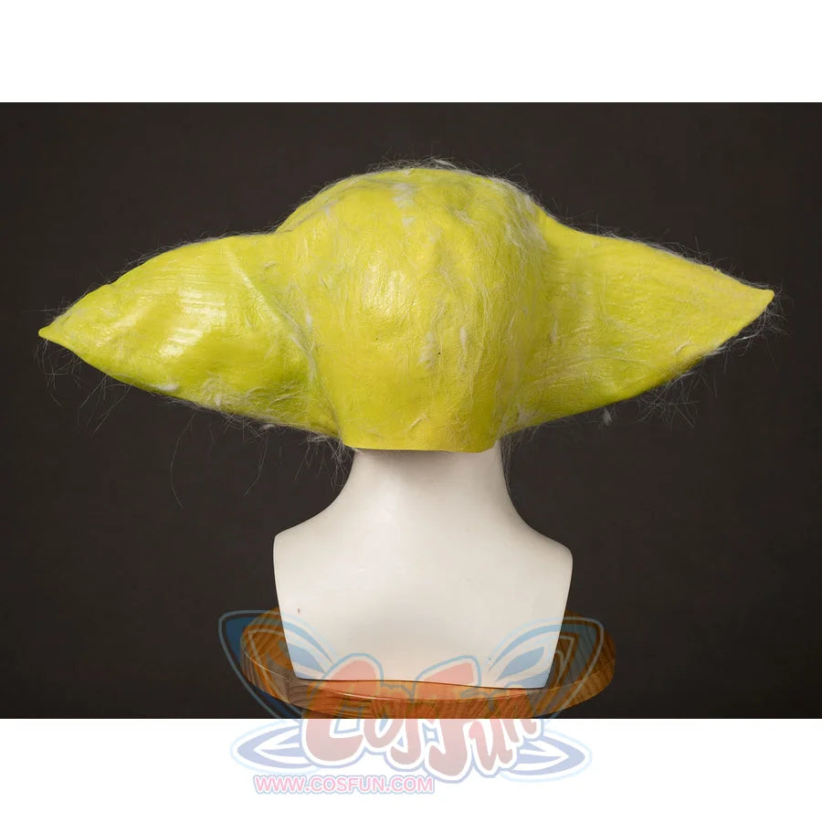 Grogu cosplay headpiece and claws curve outward to define the pointed ear silhouettes and textured finish of the piece.