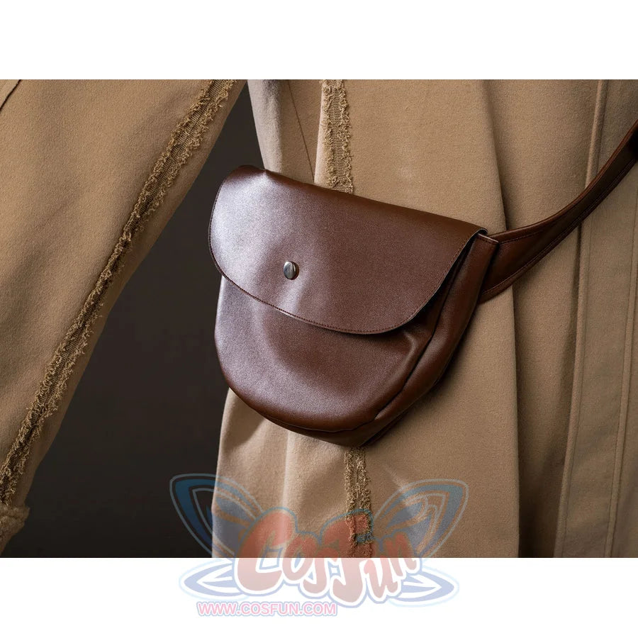 Grogu cosplay costume centers a brown faux leather crossbody bag against the textured beige wool of the outer robe.