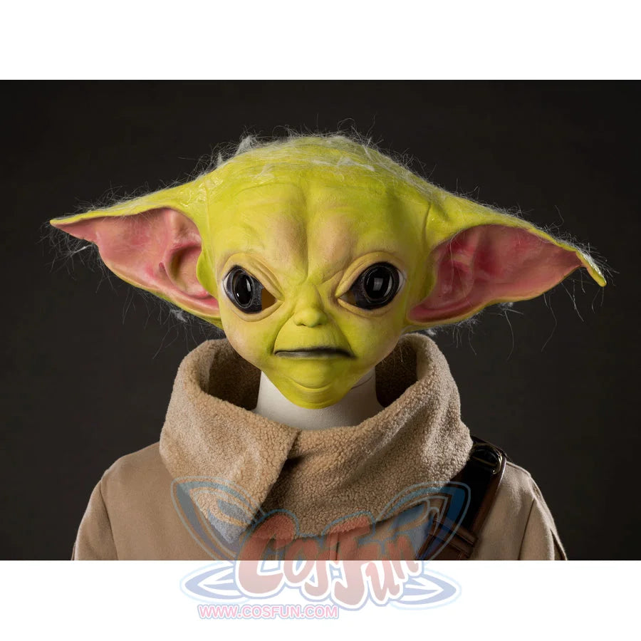 Grogu cosplay costume frames the green latex headpiece with large ears above a soft tan sherpa fleece robe collar.