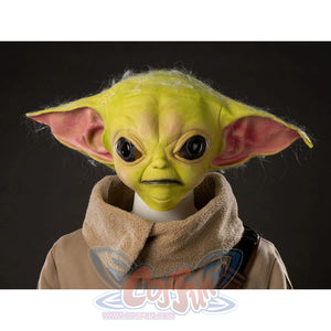 Grogu cosplay costume frames the green latex headpiece with large ears above a soft tan sherpa fleece robe collar.
