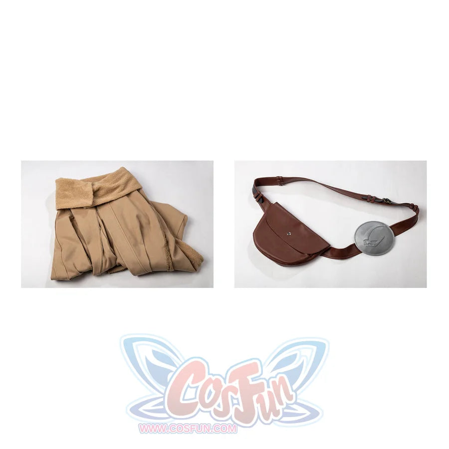 Grogu cosplay costume gathers a tan woolen robe with sherpa trim alongside a structured brown faux leather crossbody bag.