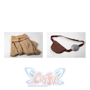 Grogu cosplay costume gathers a tan woolen robe with sherpa trim alongside a structured brown faux leather crossbody bag.