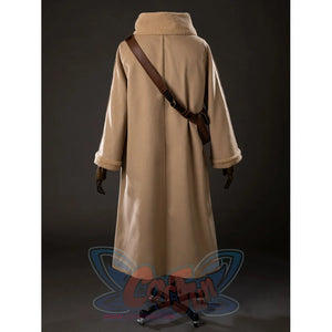 Grogu cosplay costume reveals the back view of the woolen robe with sherpa fleece detailing and a brown faux leather bag.