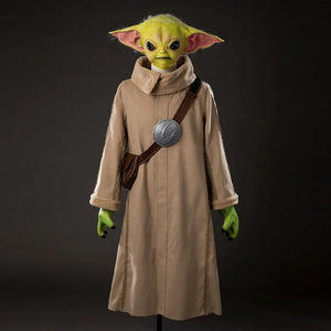 COSFUN Grogu cosplay costume layers woolen fabric and faux leather across a soft robe while the headpiece completes the look.