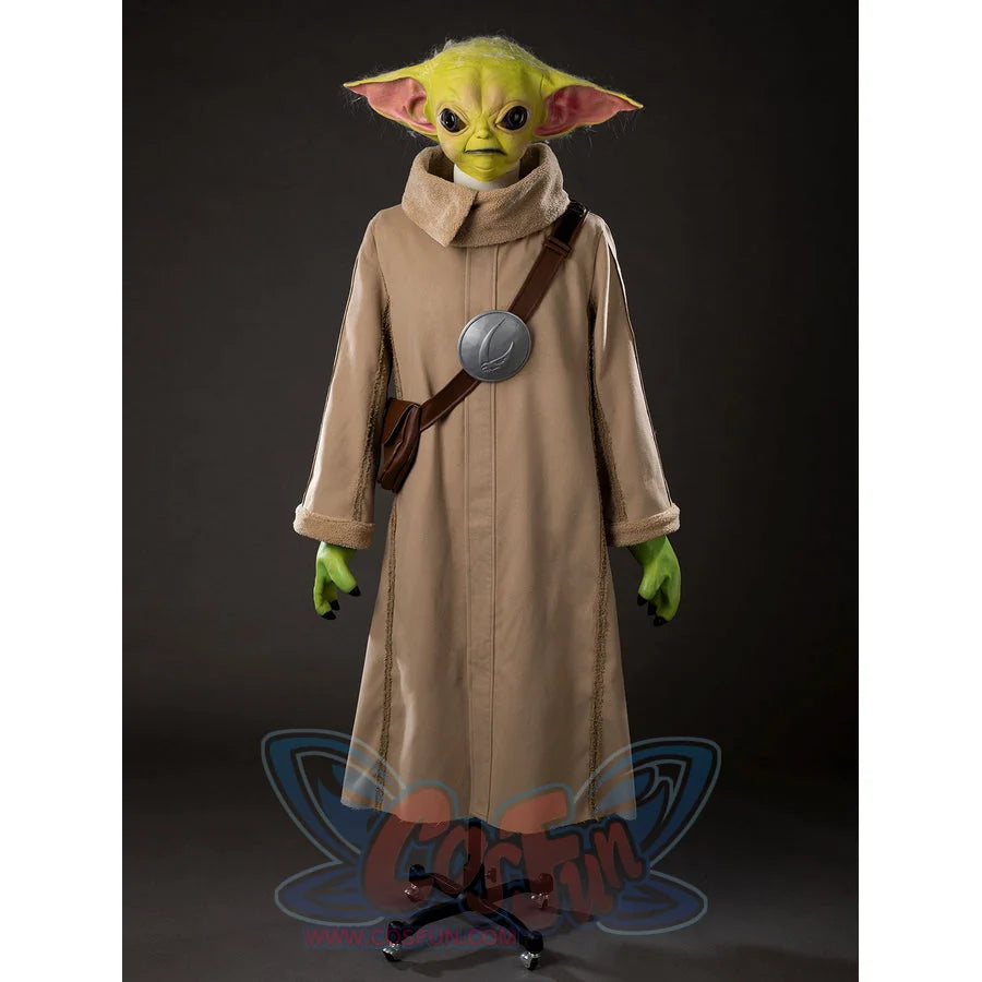 Grogu cosplay costume layers a tan woolen robe and sherpa trim beneath a crossbody bag with a round glossy finish medallion.