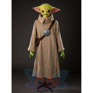 Grogu cosplay costume layers a tan woolen robe and sherpa trim beneath a crossbody bag with a round glossy finish medallion.