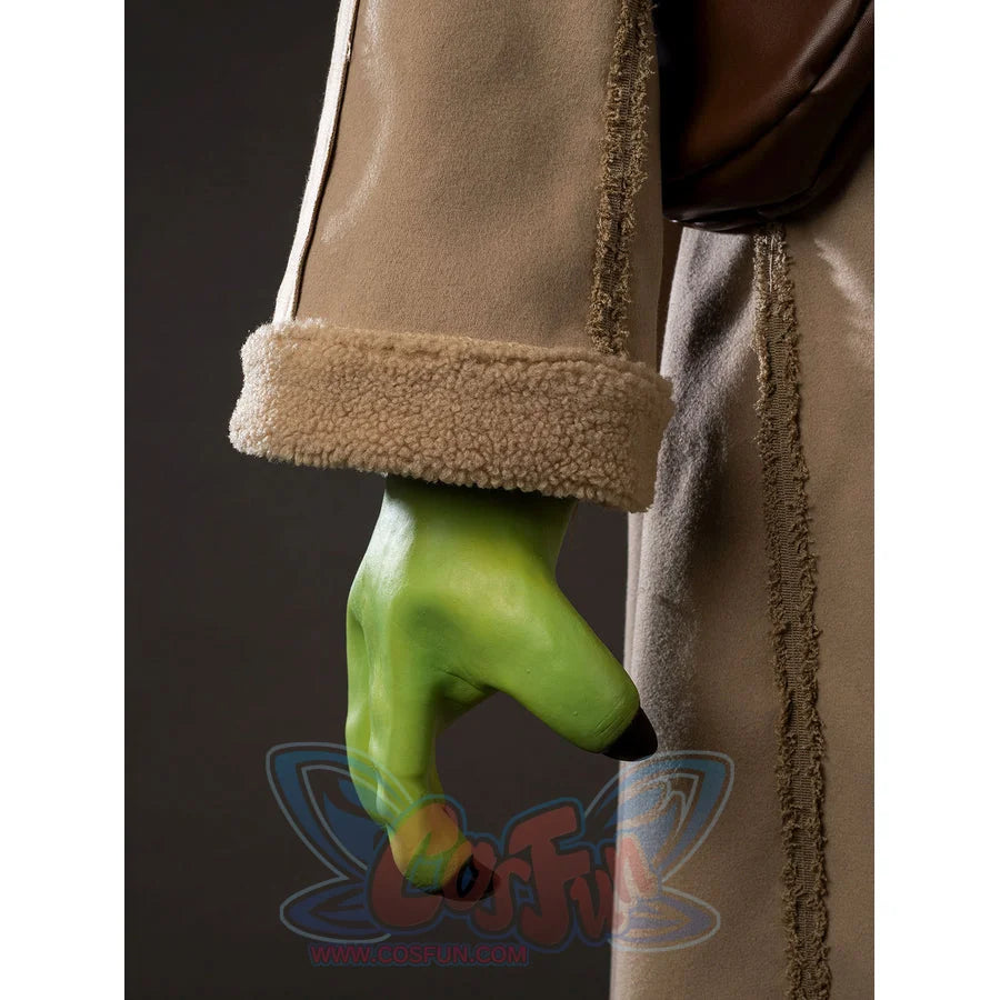 Grogu cosplay costume anchors the green latex claws against a soft sherpa fleece cuff and textured woolen fabric robe.