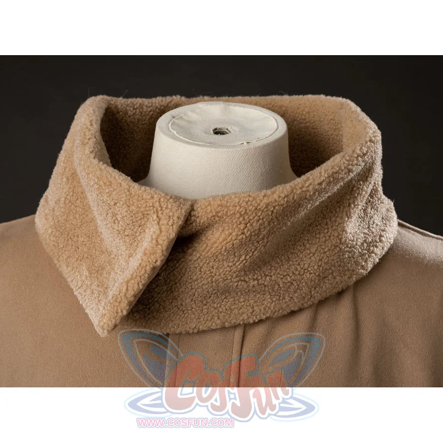 Grogu cosplay costume frames the neck with soft tan sherpa fleece layers and thick woolen fabric for a textured finish.