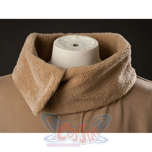 Grogu cosplay costume frames the neck with soft tan sherpa fleece layers and thick woolen fabric for a textured finish.