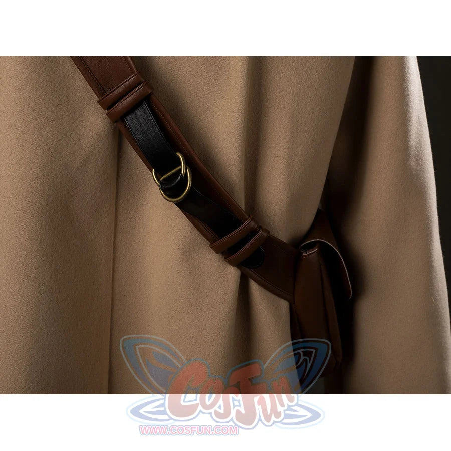 Grogu cosplay costume layers a tan woolen robe with a brown faux leather crossbody bag secured by a metal buckle piece.